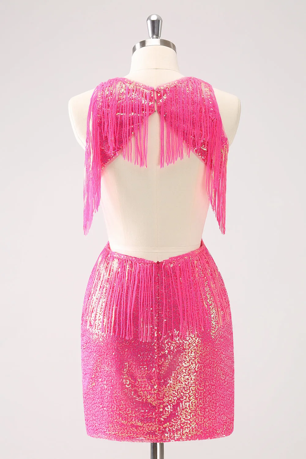 Sparkly Fuchsia V-Neck Backless Tight Mini Dress with Tassel