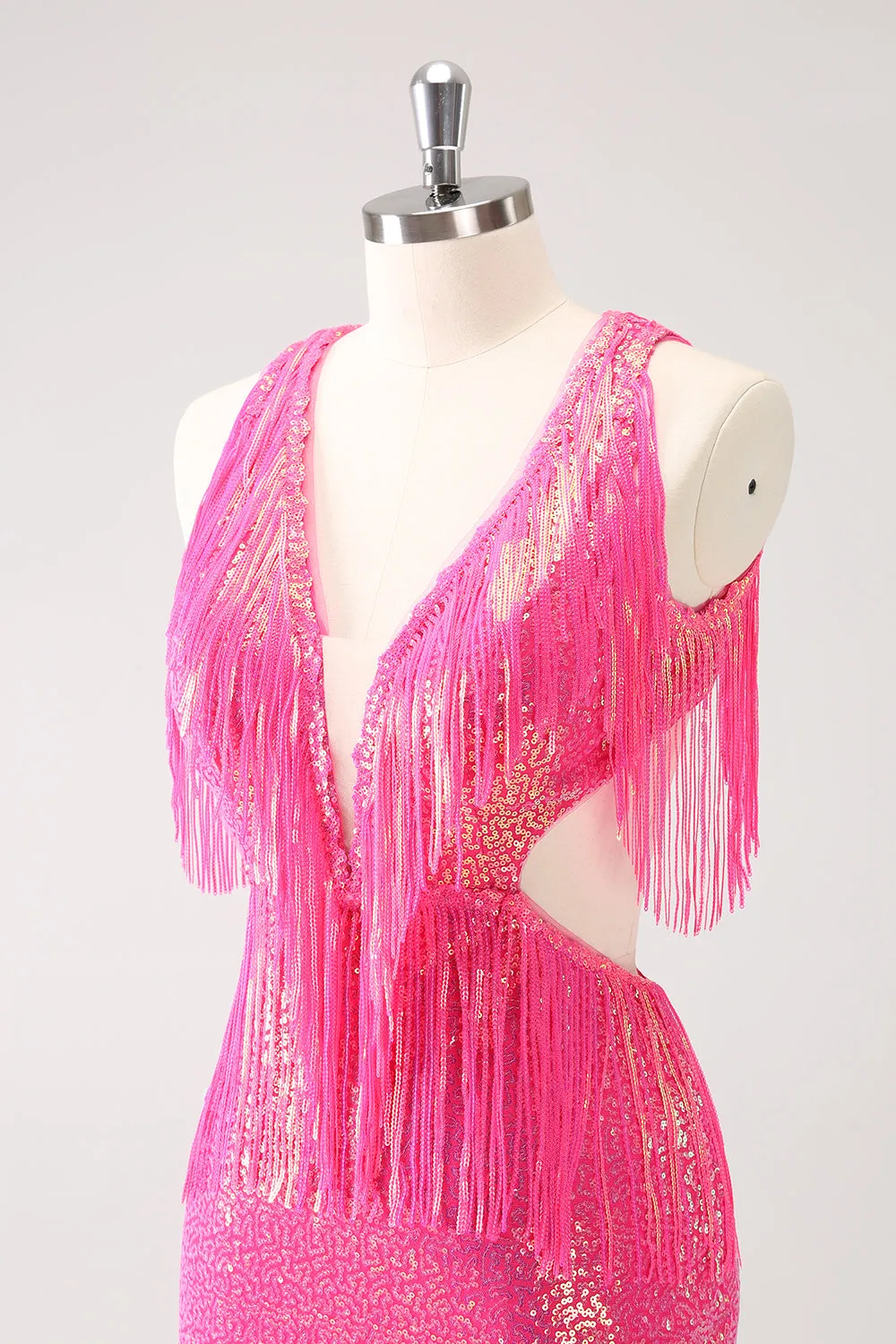 Sparkly Fuchsia V-Neck Backless Tight Mini Dress with Tassel