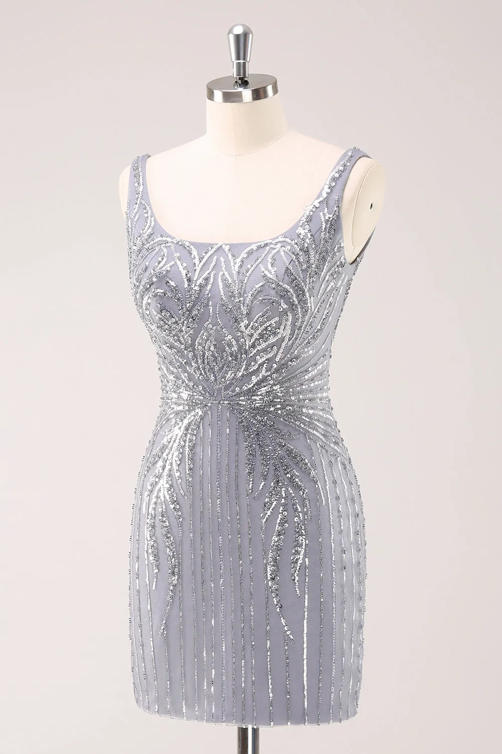 Sparkly Grey Square Neck Tight Mini Dress with Sequins
