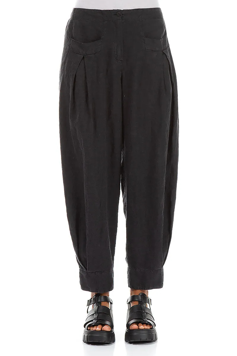 Tapered Pockets Black Linen Trousers
