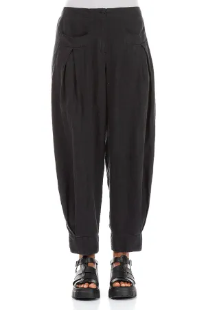 Tapered Pockets Black Linen Trousers