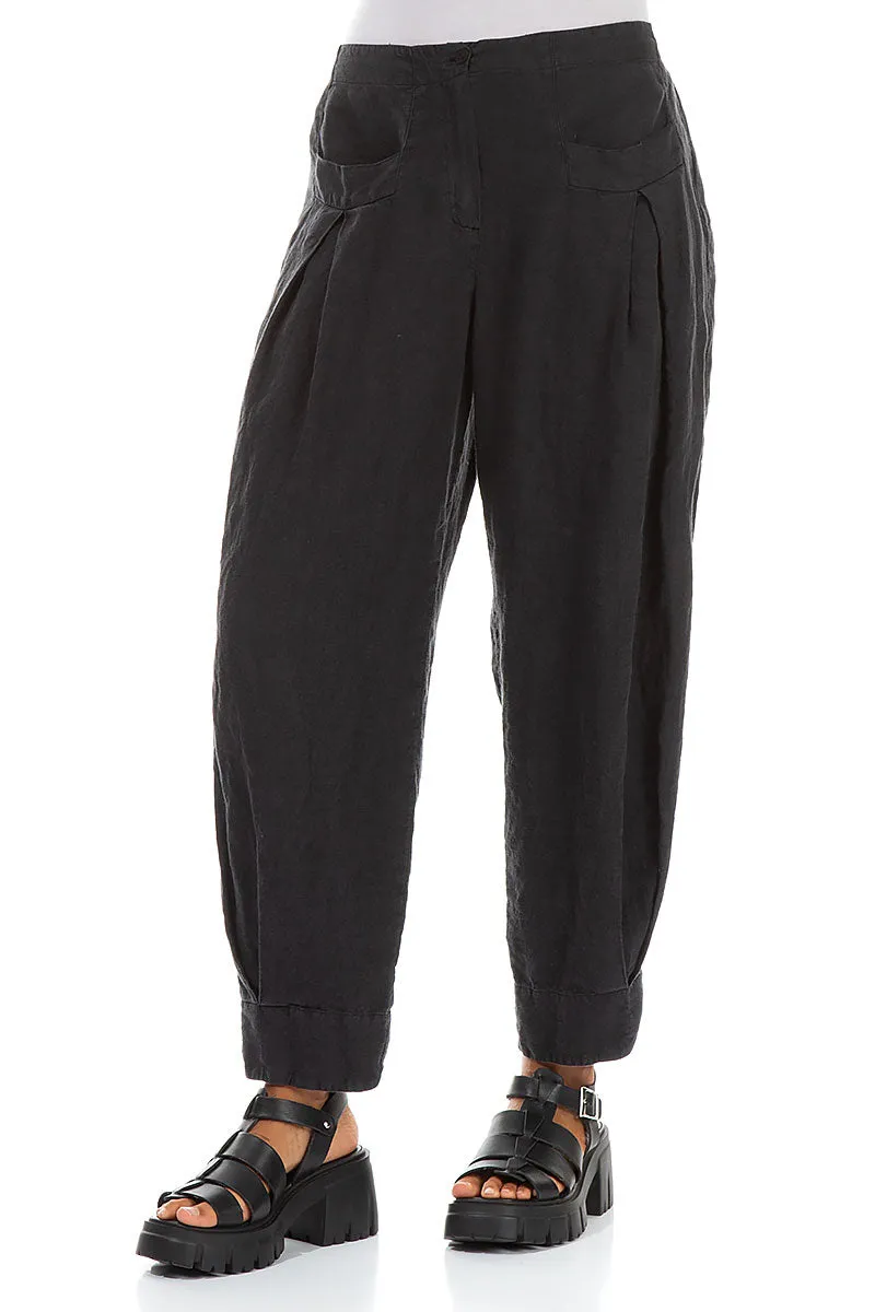 Tapered Pockets Black Linen Trousers