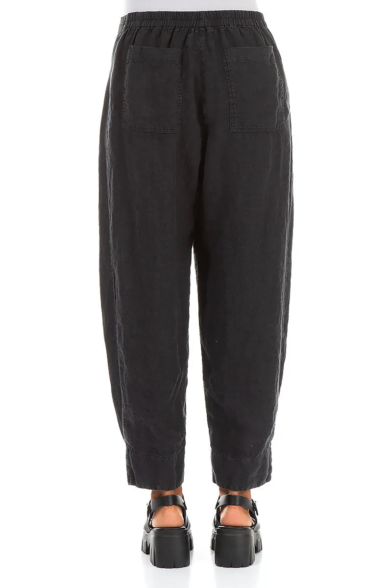 Tapered Pockets Black Linen Trousers