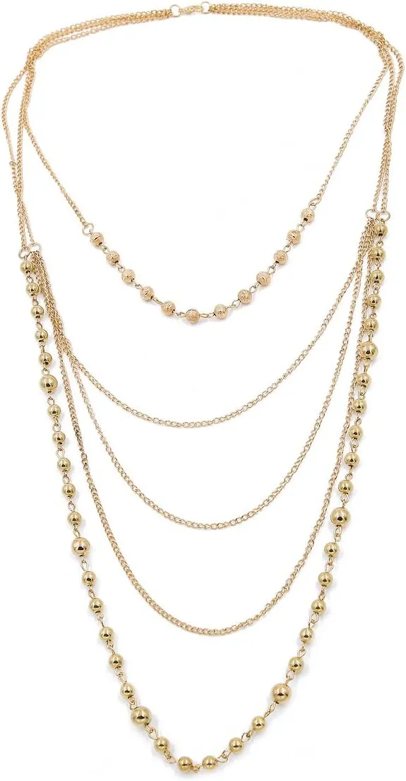TrendsBlue Elegant Long Gold Tone Beaded Multi-Row Layered Fashion Necklace