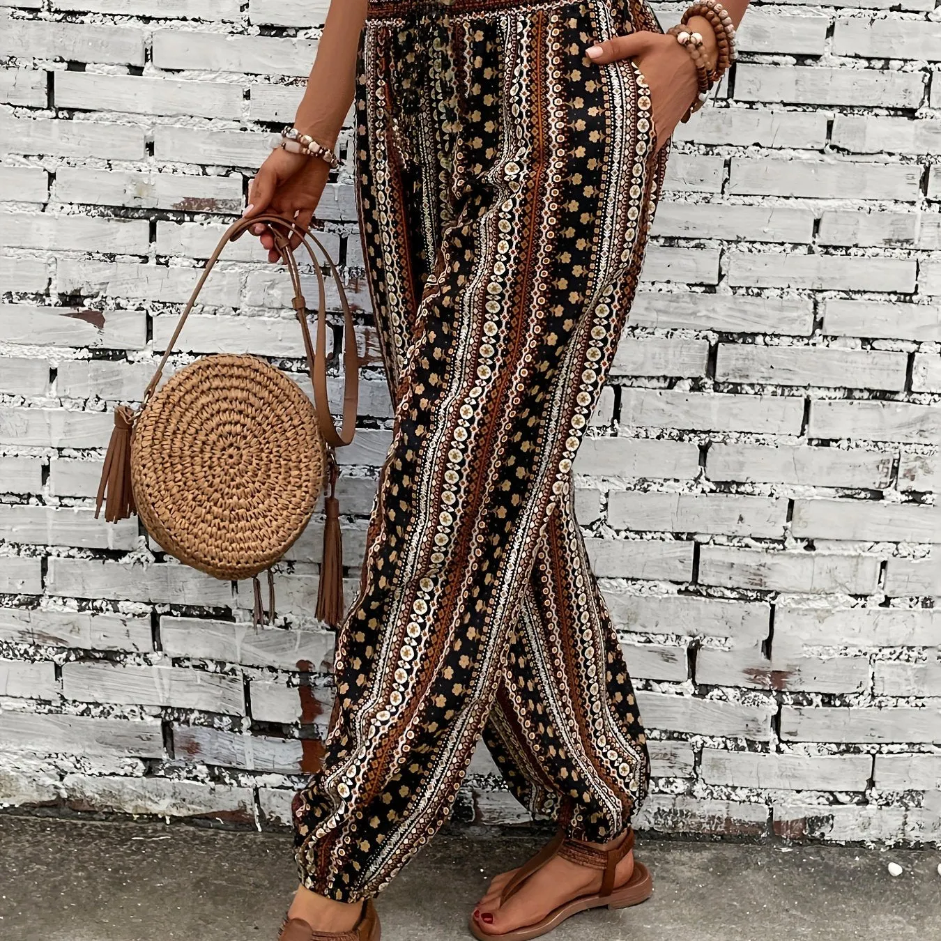 Trendy Tribal Print Jogger Pants - Comfortable Button Detail, Boho Loose Fit for Spring & Summer - Womens Fashion Essential