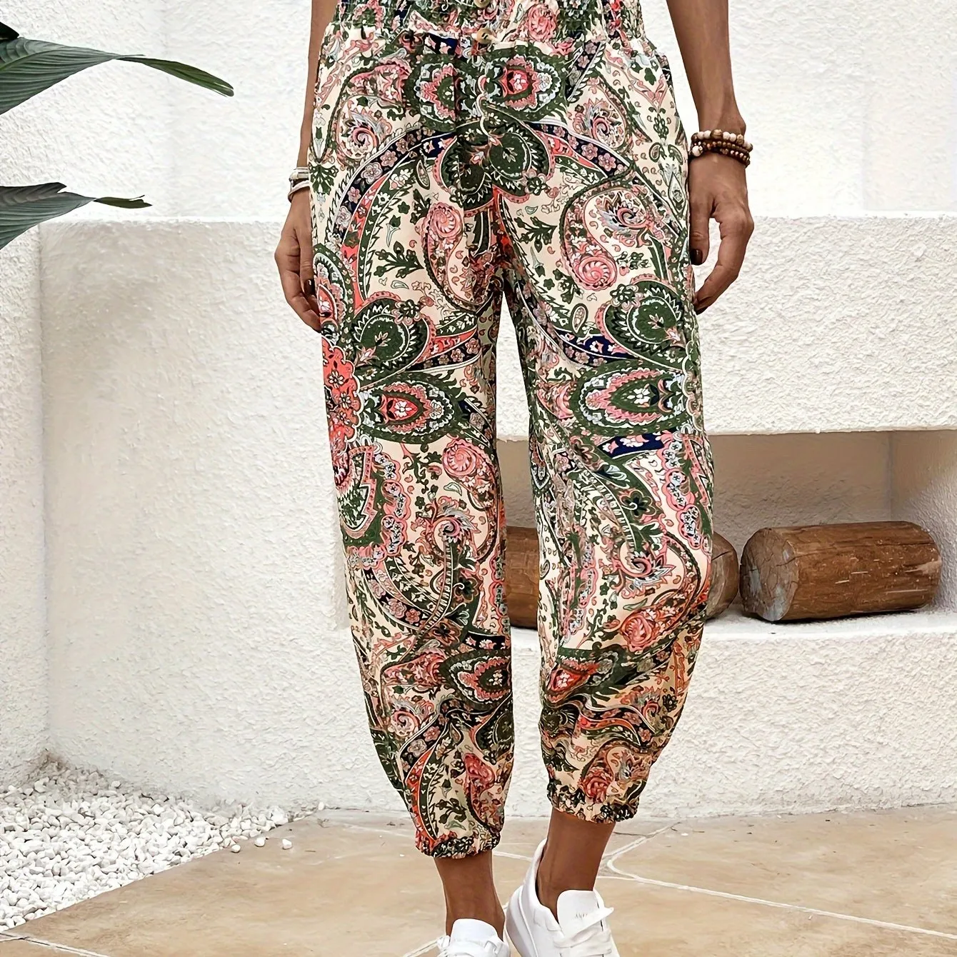 Trendy Tribal Print Jogger Pants - Comfortable Button Detail, Boho Loose Fit for Spring & Summer - Womens Fashion Essential