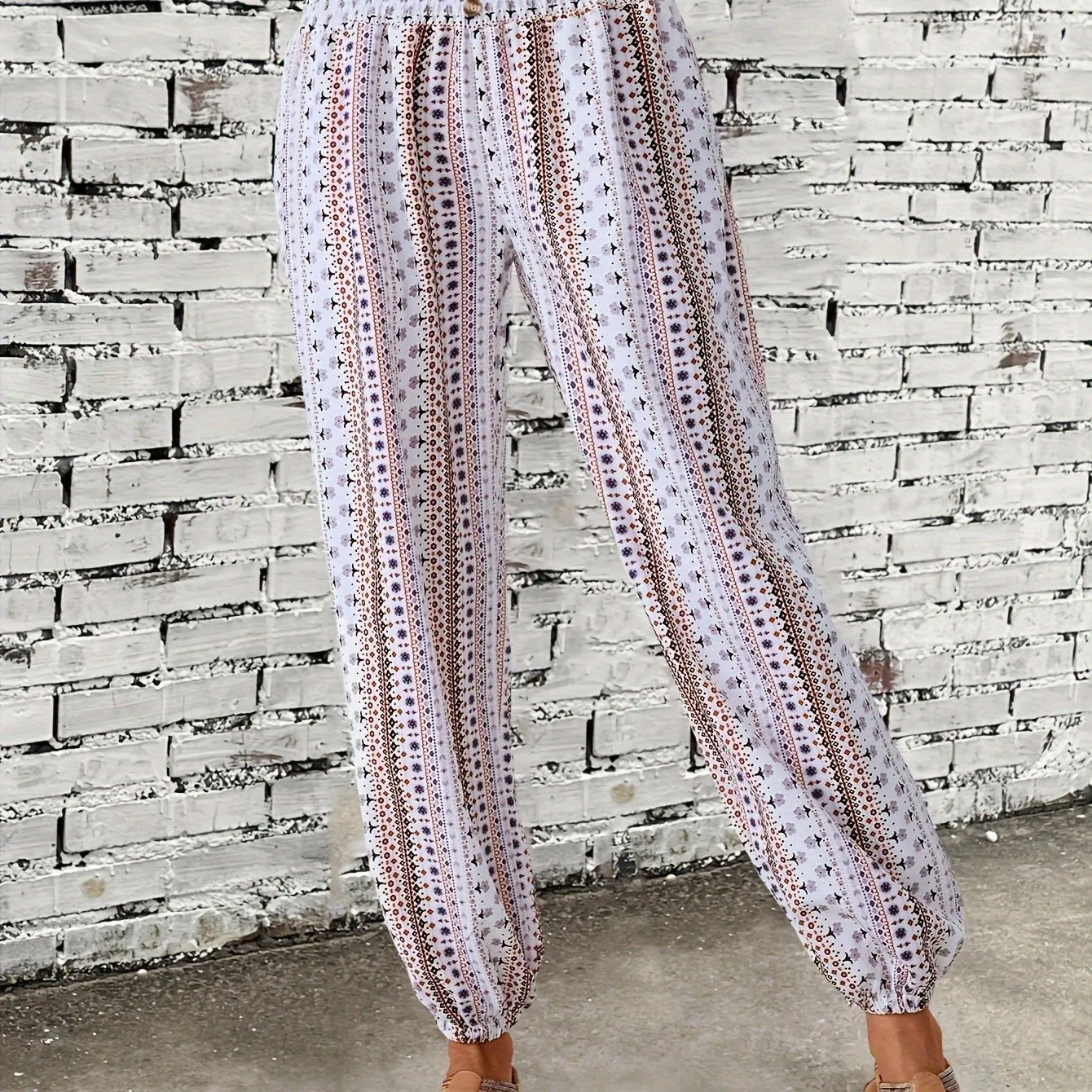 Trendy Tribal Print Jogger Pants - Comfortable Button Detail, Boho Loose Fit for Spring & Summer - Womens Fashion Essential