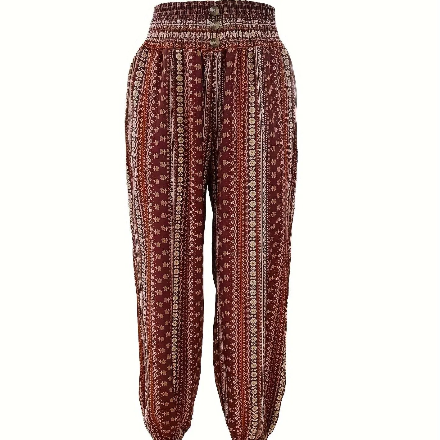 Trendy Tribal Print Jogger Pants - Comfortable Button Detail, Boho Loose Fit for Spring & Summer - Womens Fashion Essential