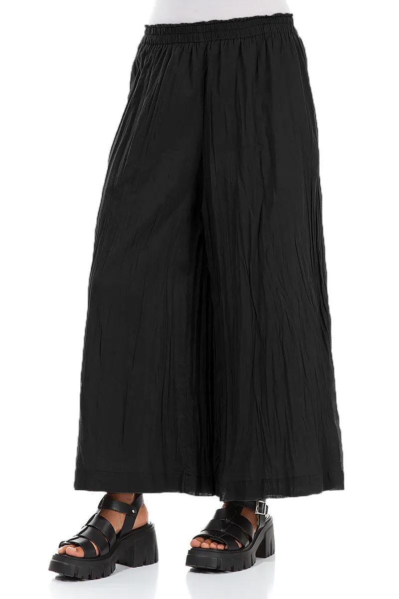 Wide Black Crumpled Cotton Trousers