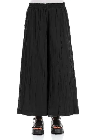 Wide Black Crumpled Cotton Trousers