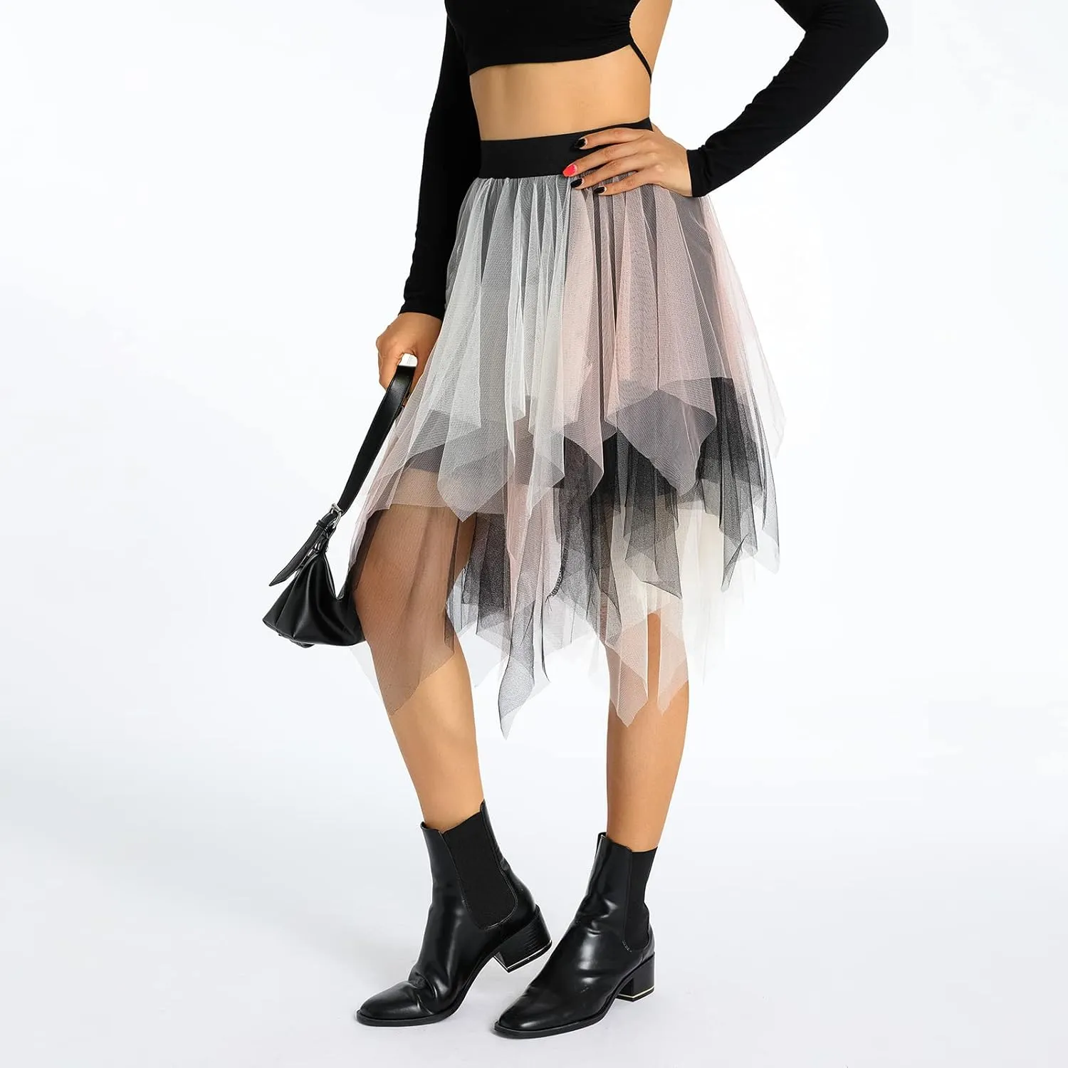 Women A Line Tulle Skirts High Waist Irregular Ruffle Layered Fashion Midi Skirt Party Evening Mesh Long Skirt