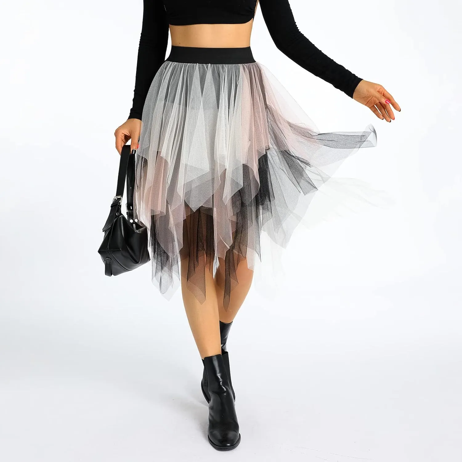 Women A Line Tulle Skirts High Waist Irregular Ruffle Layered Fashion Midi Skirt Party Evening Mesh Long Skirt