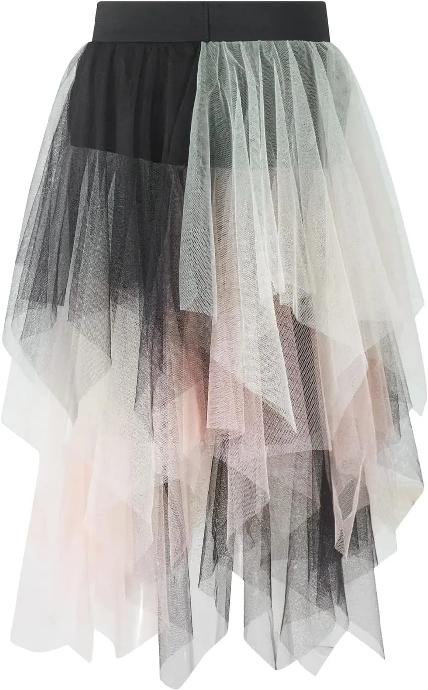 Women A Line Tulle Skirts High Waist Irregular Ruffle Layered Fashion Midi Skirt Party Evening Mesh Long Skirt