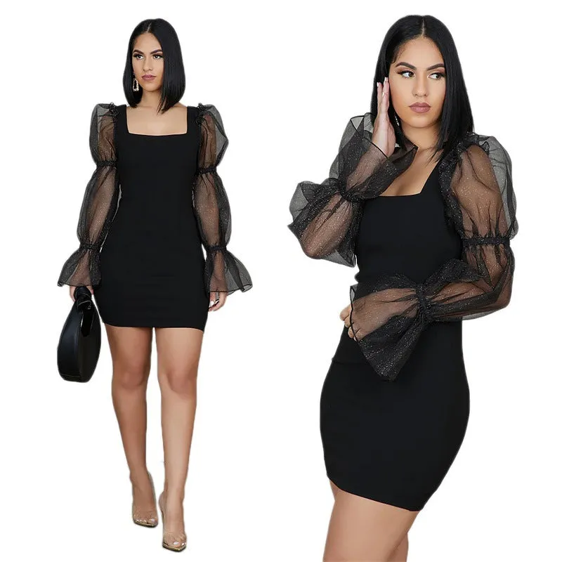 Women Bubble Sleeve Bodycon Dress