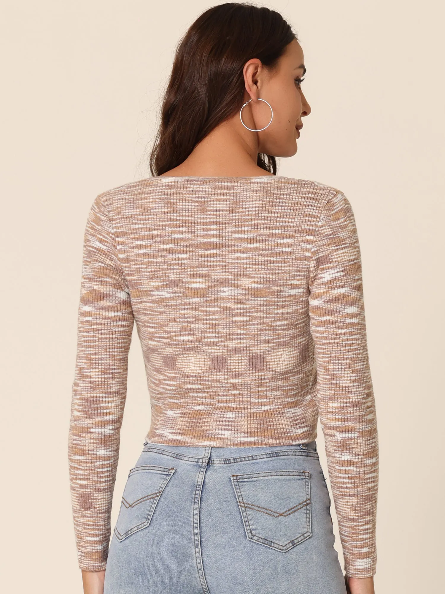 Women's Casual Long Sleeve Open Front Stripe Knitted Fashion Butterfly Buckle Crop Sweater Cardigan
