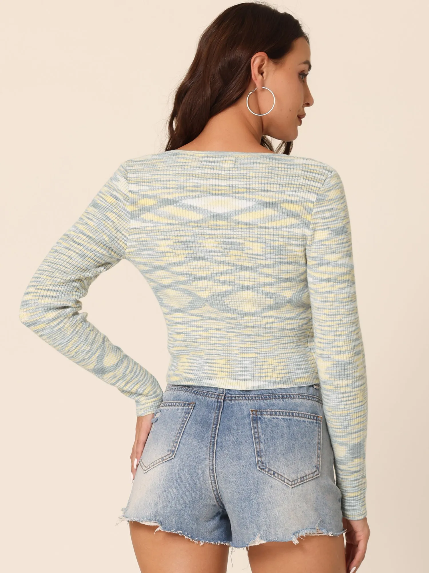 Women's Casual Long Sleeve Open Front Stripe Knitted Fashion Butterfly Buckle Crop Sweater Cardigan