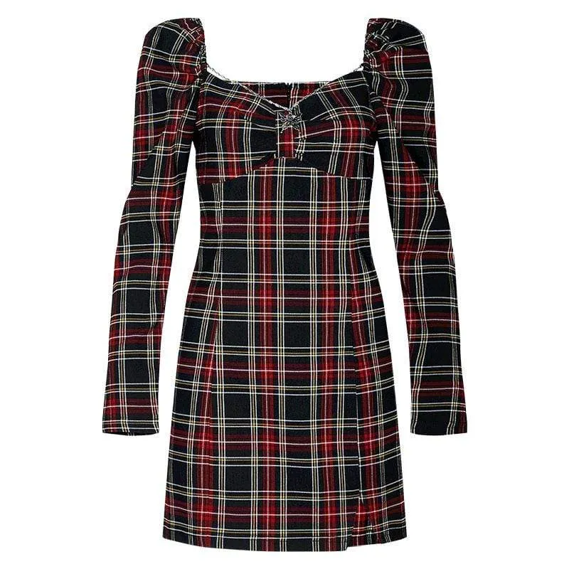 Women's Grunge Square Collar Contrast Color Plaid Dresses