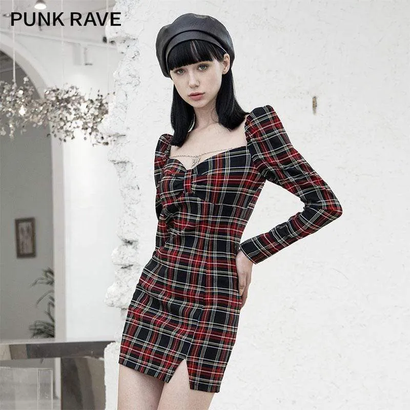 Women's Grunge Square Collar Contrast Color Plaid Dresses