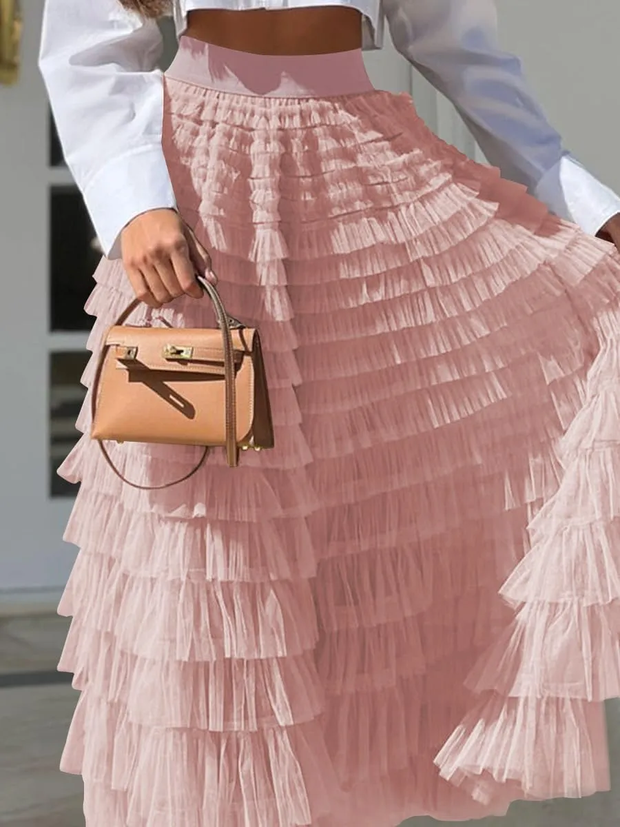 Womens Long Skirts Casual Elastic High Waisted Skirt Ruffle Tiered Tulle A Line Mid Skirt Puffy Layered Fashion Long Skirt Pink, X-Large