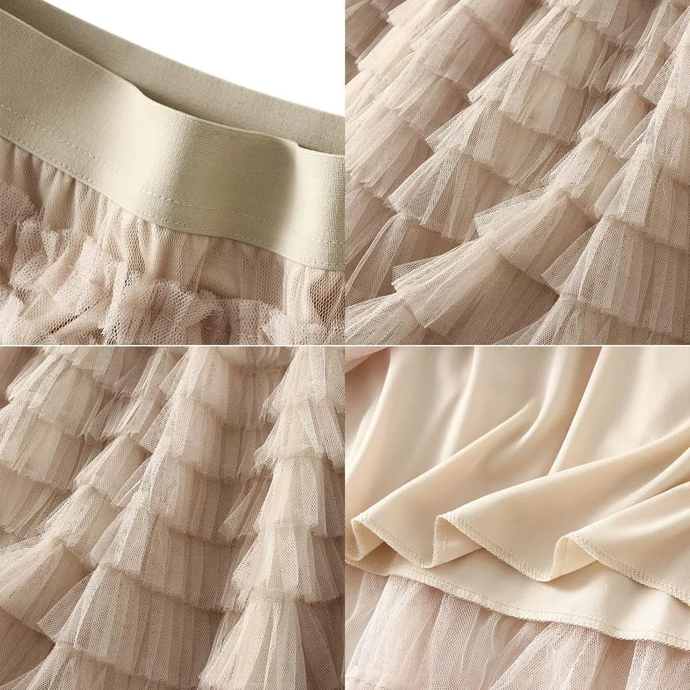 Womens Long Skirts Casual Elastic High Waisted Skirt Ruffle Tiered Tulle A Line Mid Skirt Puffy Layered Fashion Long Skirt Pink, X-Large