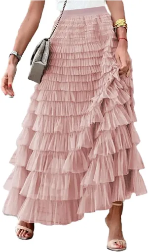 Womens Long Skirts Casual Elastic High Waisted Skirt Ruffle Tiered Tulle A Line Mid Skirt Puffy Layered Fashion Long Skirt Pink, X-Large
