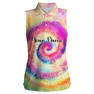 Womens sleeveless polo shirts rainbow tie dye background custom name golf shirt, golfing gift
