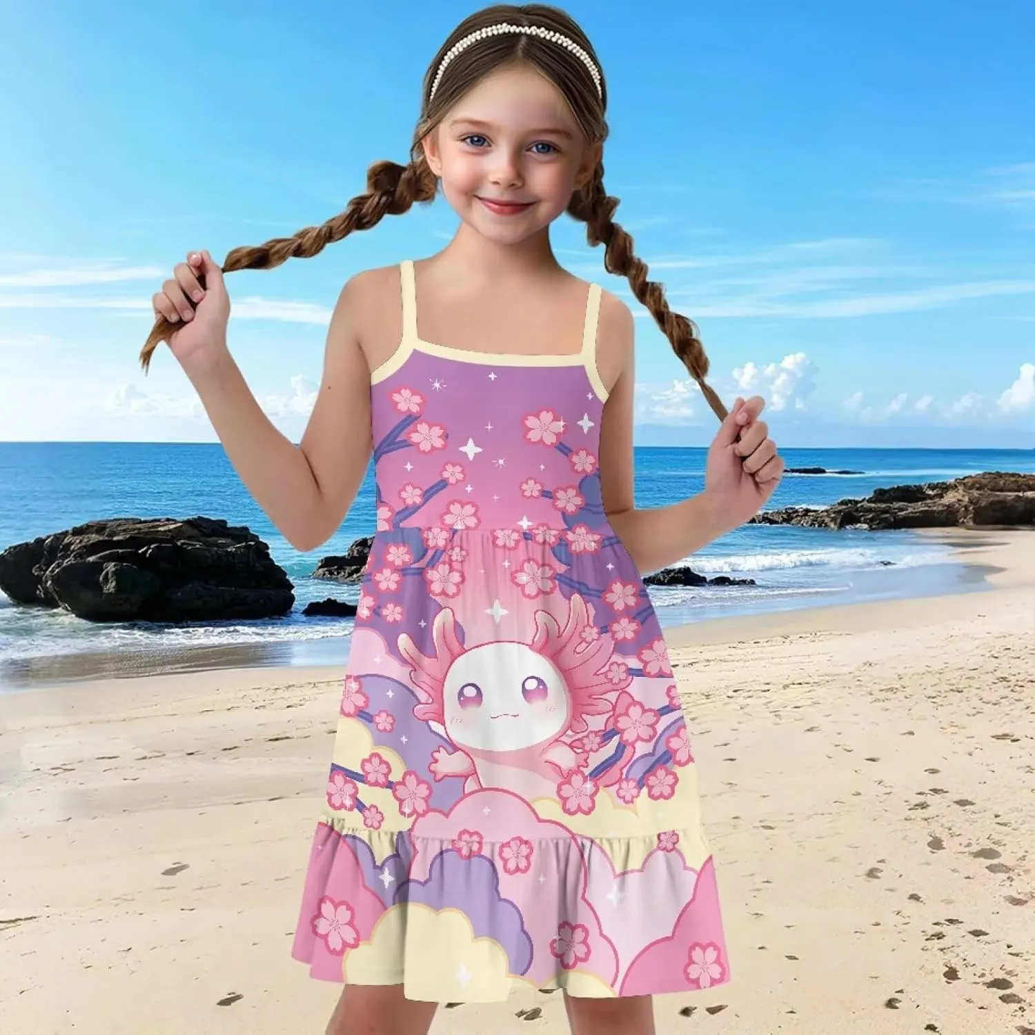 Youngerbaby Dresses for Toddle Girls 3-14T Spaghetti Strap Midi Dress Back to School Dresses One Piece Sundresses