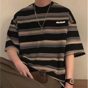 Youth Japanese Vintage Stripe Short Sleeve Man Top Summer Loose Hong Kong Style Trendy Man Round Neck Fashion Casual T-shirt