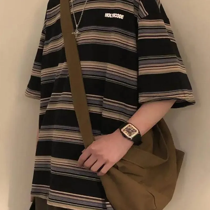 Youth Japanese Vintage Stripe Short Sleeve Man Top Summer Loose Hong Kong Style Trendy Man Round Neck Fashion Casual T-shirt