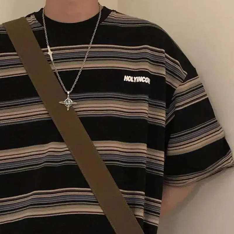 Youth Japanese Vintage Stripe Short Sleeve Man Top Summer Loose Hong Kong Style Trendy Man Round Neck Fashion Casual T-shirt